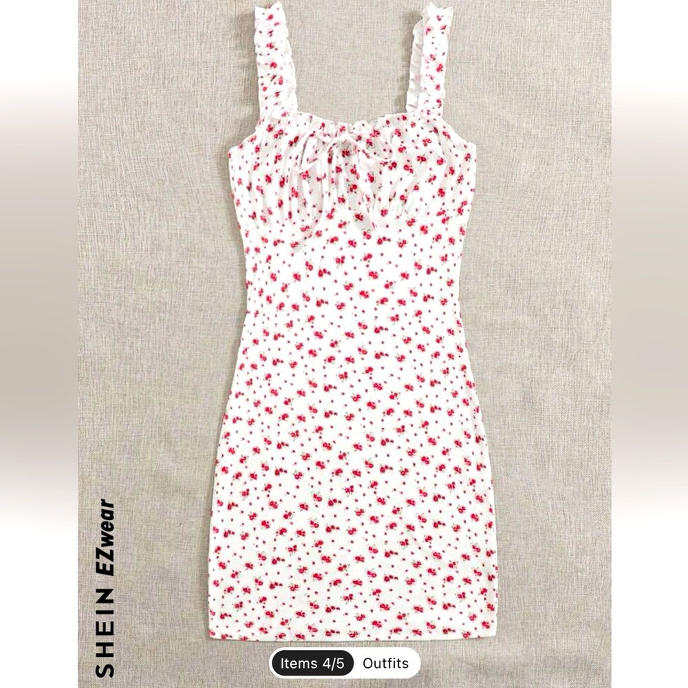 Shein Cottage Core Ditsy Floral Print Tie Front Rushed Bust Dress